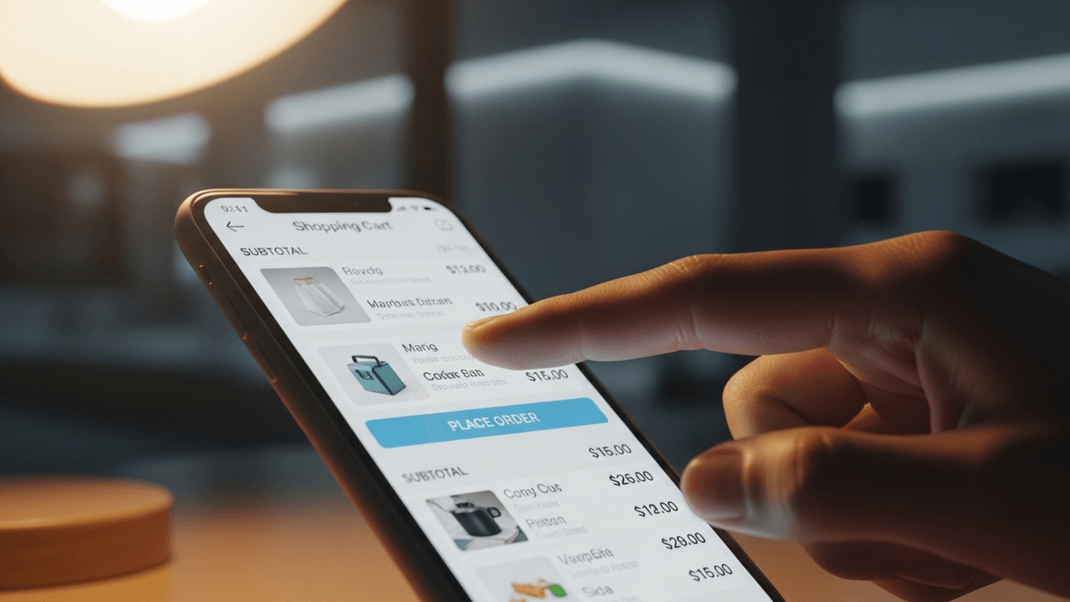 Close-up of a smartphone showing an online shopping cart with a hand hovering over the screen hesitating before purchase