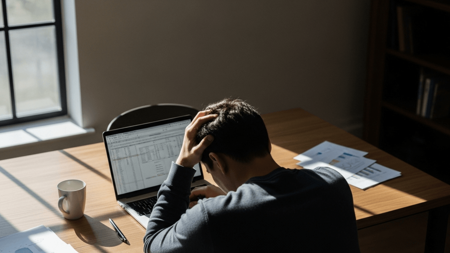 Person sitting at a desk with head lowered appearing stressed with a laptop and scattered items in soft natural light