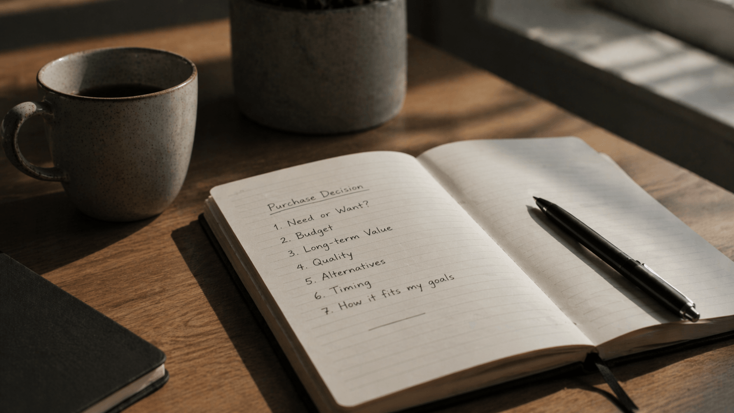 Open notebook on a desk with a simple purchase decision list and a pen beside it in soft natural light