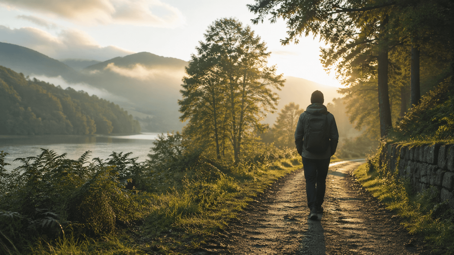 Person walking along a quiet path in early morning light with trees and soft shadows symbolizing clarity and progress