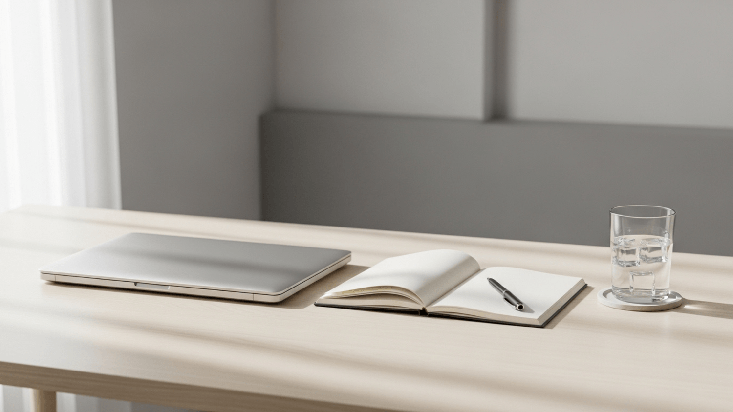 Minimal desk with a closed laptop, notebook, and glass of water in soft natural light showing organization and control
