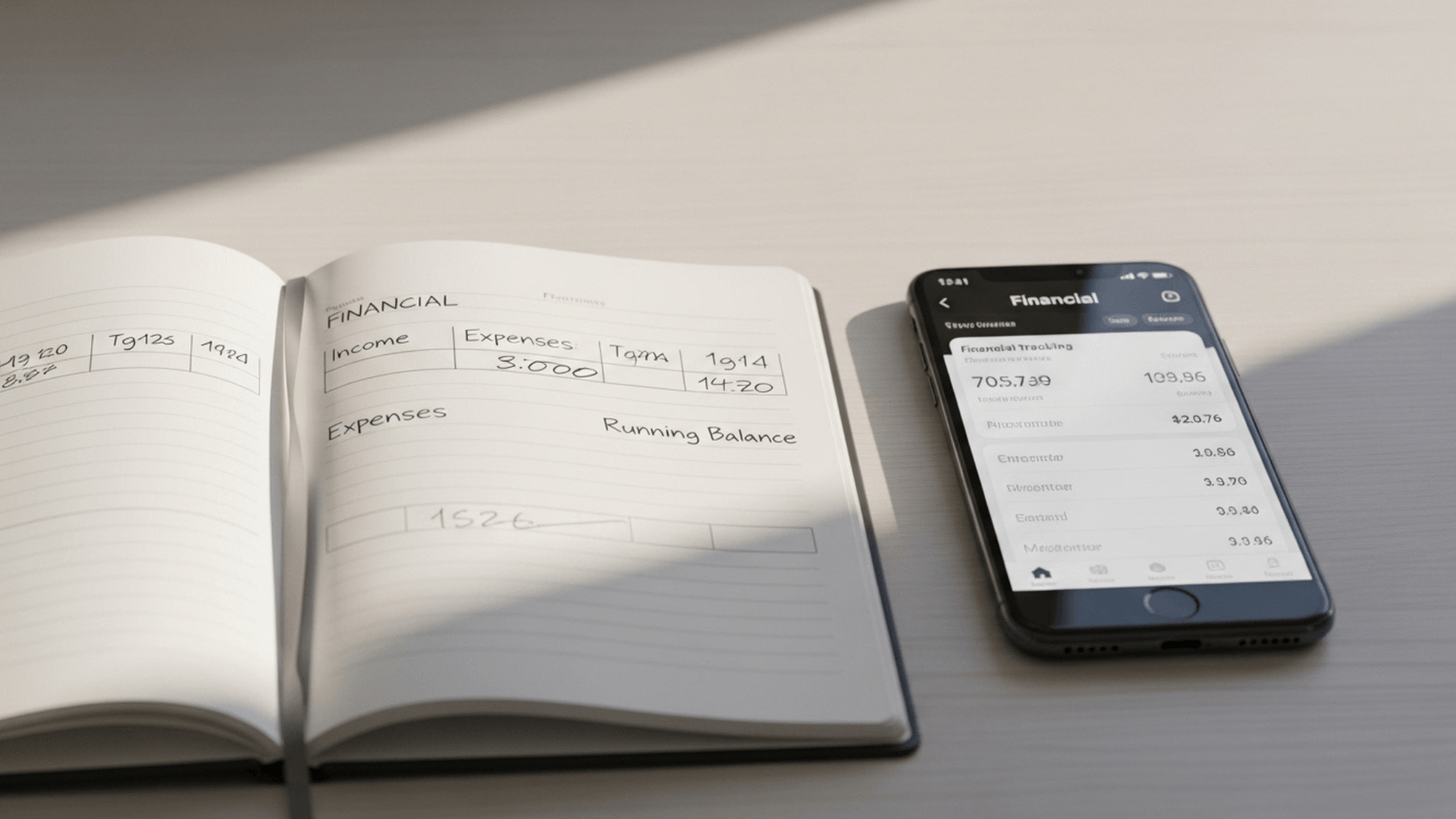 Open notebook with financial tracking notes next to a smartphone on a clean desk with soft natural lighting