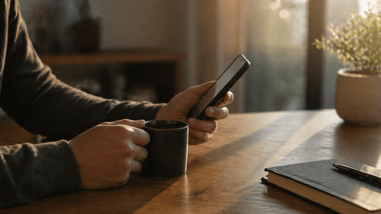 Person holding a phone and coffee at a table in warm morning light representing a simple daily money check-in routine