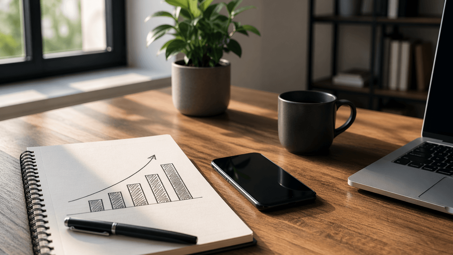 Clean desk with a notebook showing an upward financial progress chart alongside a smartphone and laptop in natural light