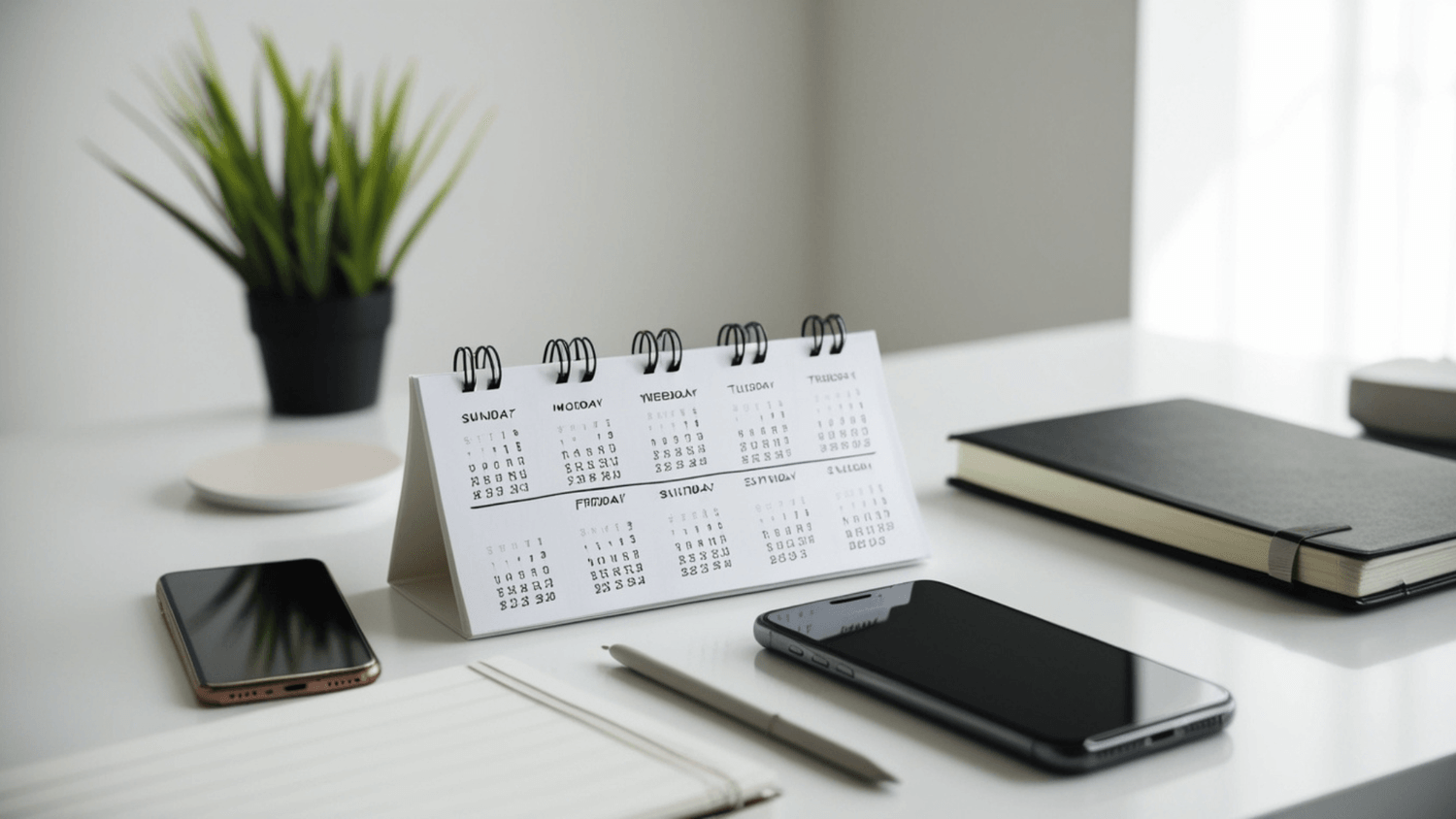 Organized desk with a calendar, smartphone, and notebook in soft natural light representing consistent daily habit tracking