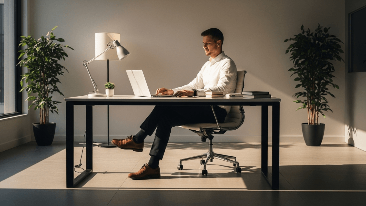 Person sitting confidently at a clean desk in daylight with a laptop and plants showing financial clarity and control