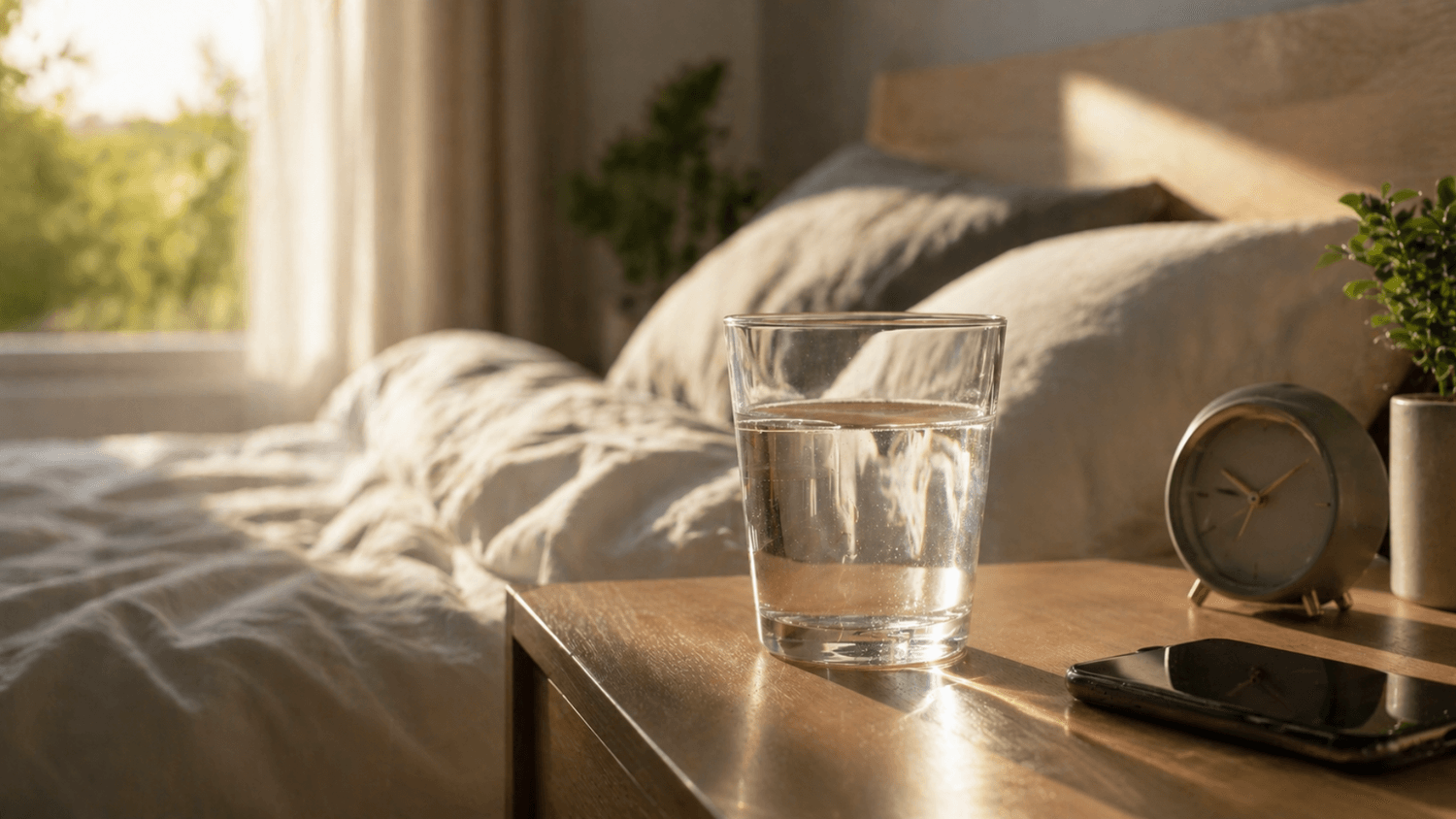 close-up of a glass of water on a bedside table next to a phone and alarm clock in soft morning light