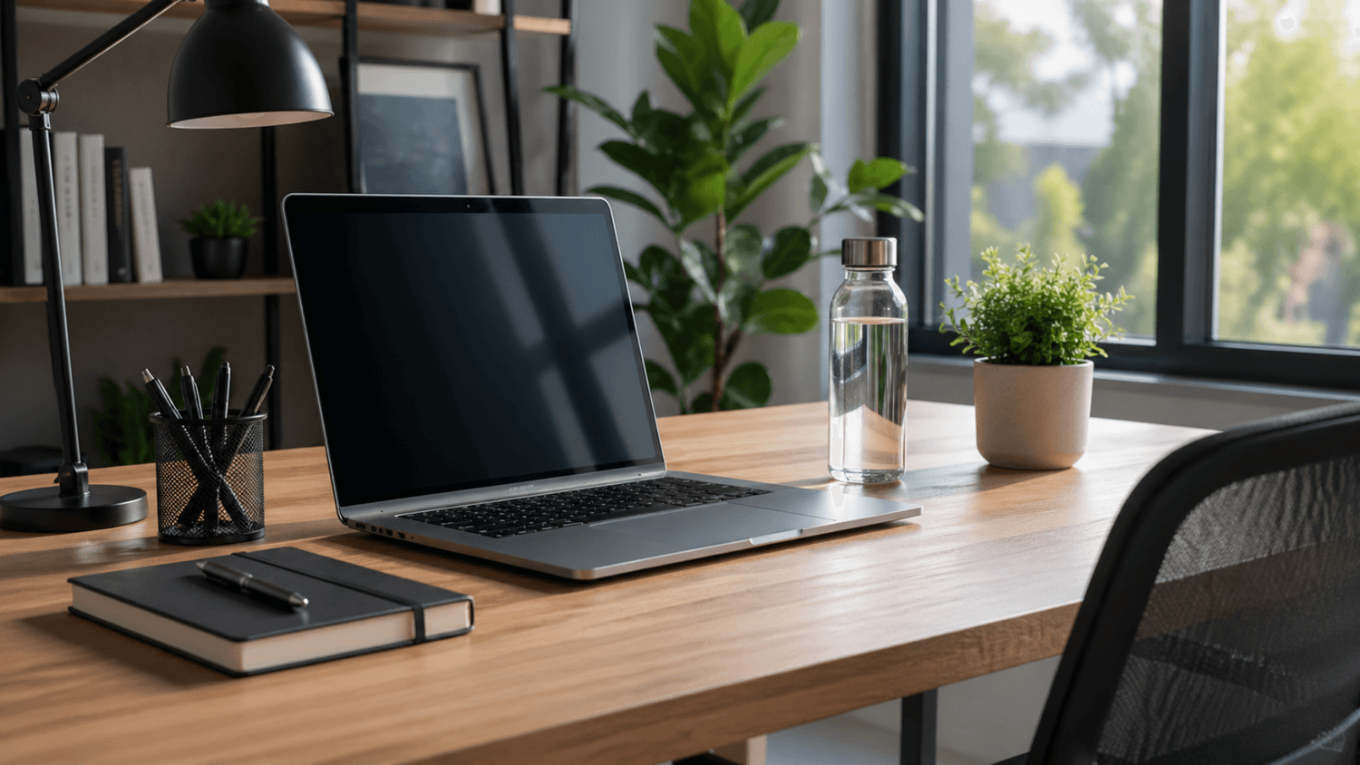 modern workspace with laptop notebook and water bottle on desk with natural daylight creating a clean focused environment
