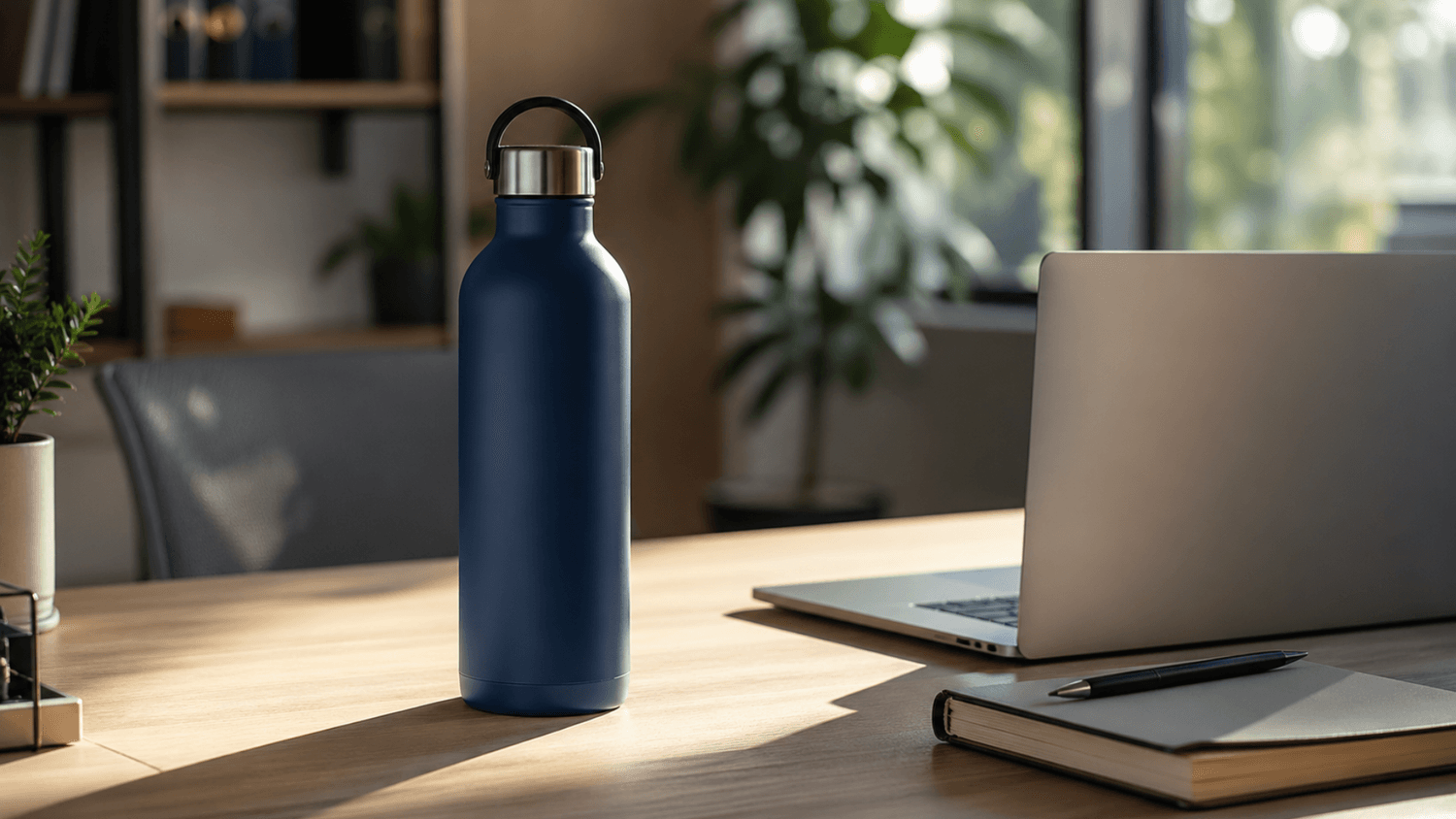 reusable water bottle on a clean office desk beside a laptop and notebook with sunlight casting soft shadows