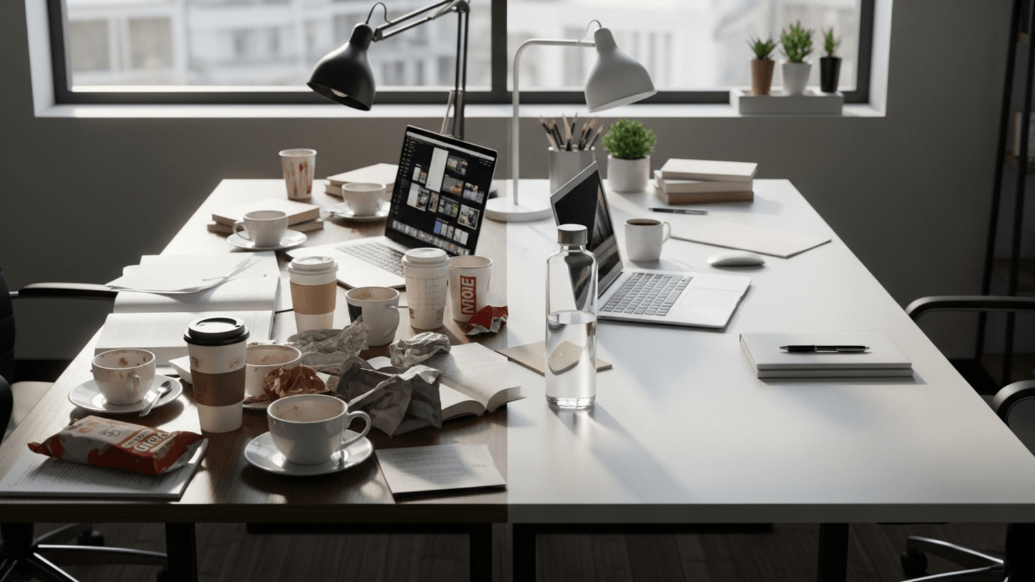 comparison of cluttered desk with coffee cups and clean desk with water bottle showing contrast in focus and habits