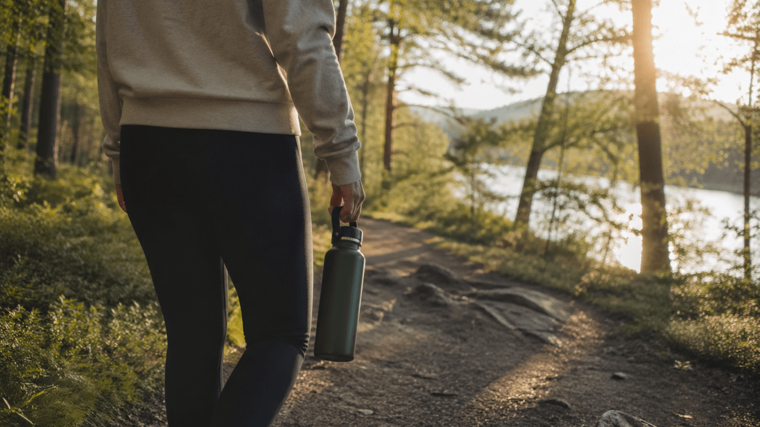 person walking outdoors holding a reusable water bottle with sunlight filtering through trees in a natural setting