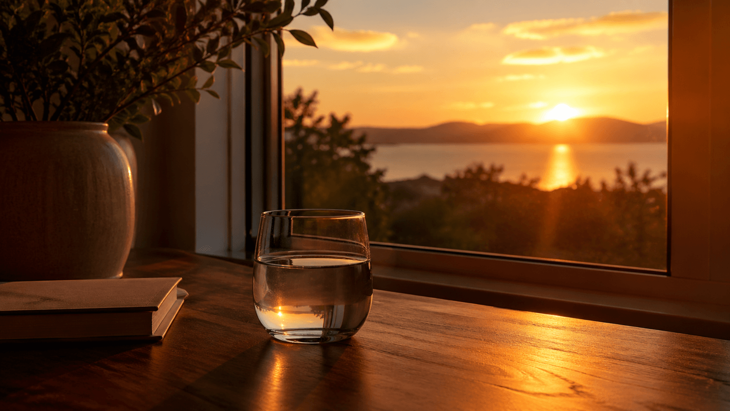 glass of water on a wooden table near a window during sunset with warm golden light and a calm atmosphere