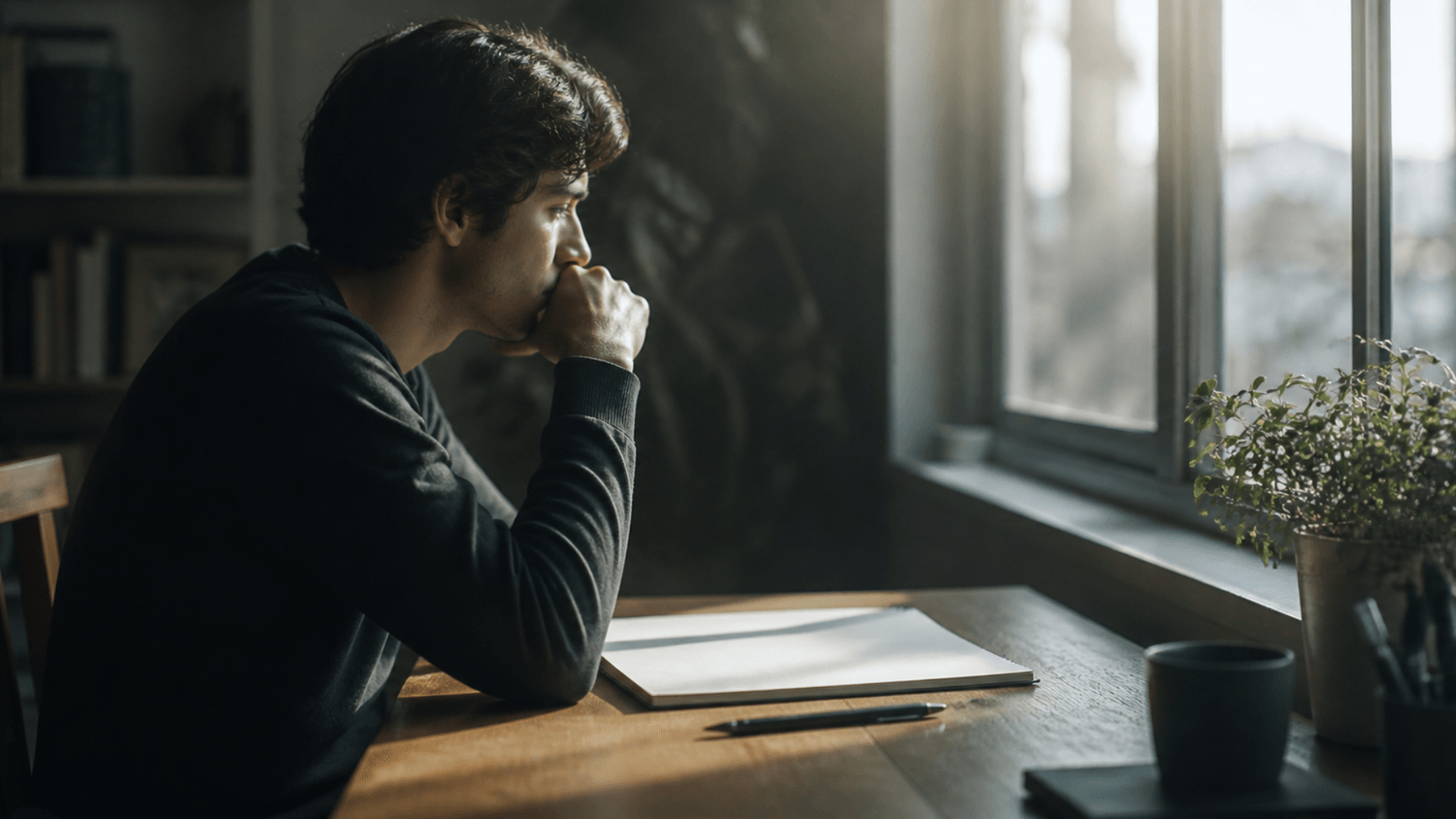 A person sitting at a desk by a window staring at a blank notebook in soft morning light, reflecting hesitation and overthinking