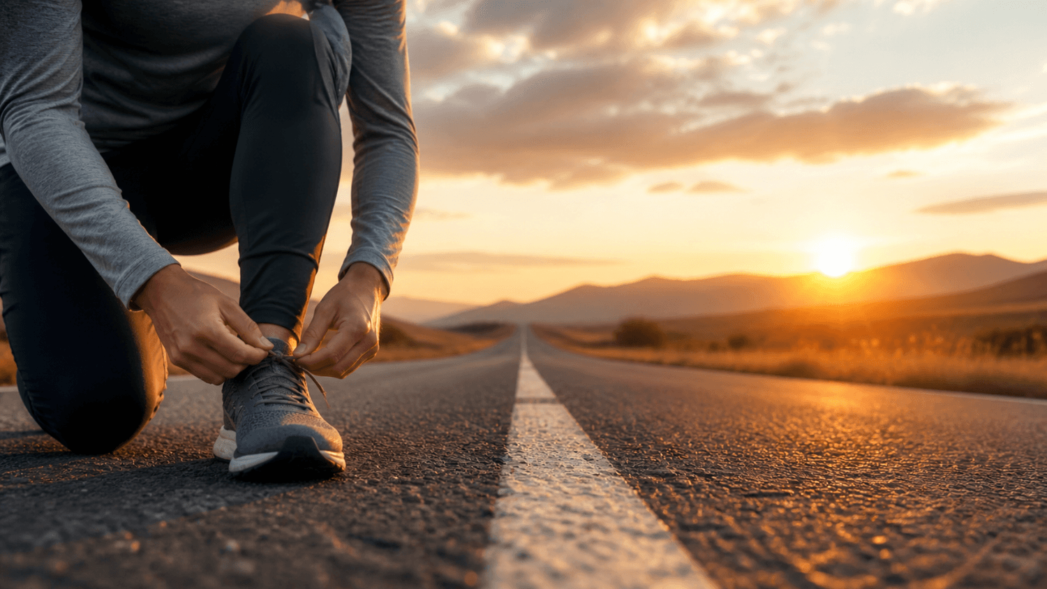 Close-up of a person tying their shoes on an empty road at sunrise, representing the start of taking action