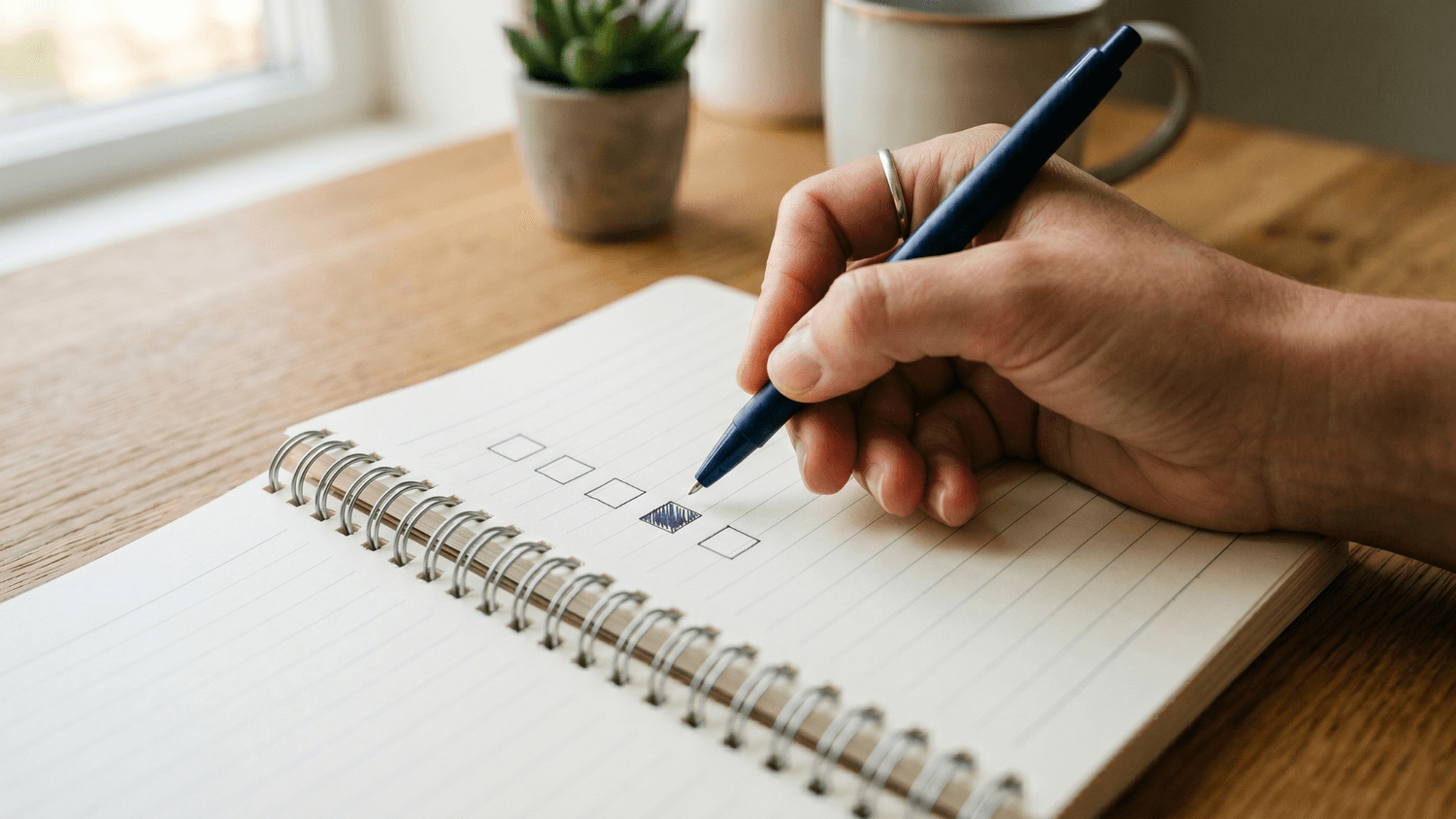 A hand checking off a task in a notebook, showing progress through small consistent actions