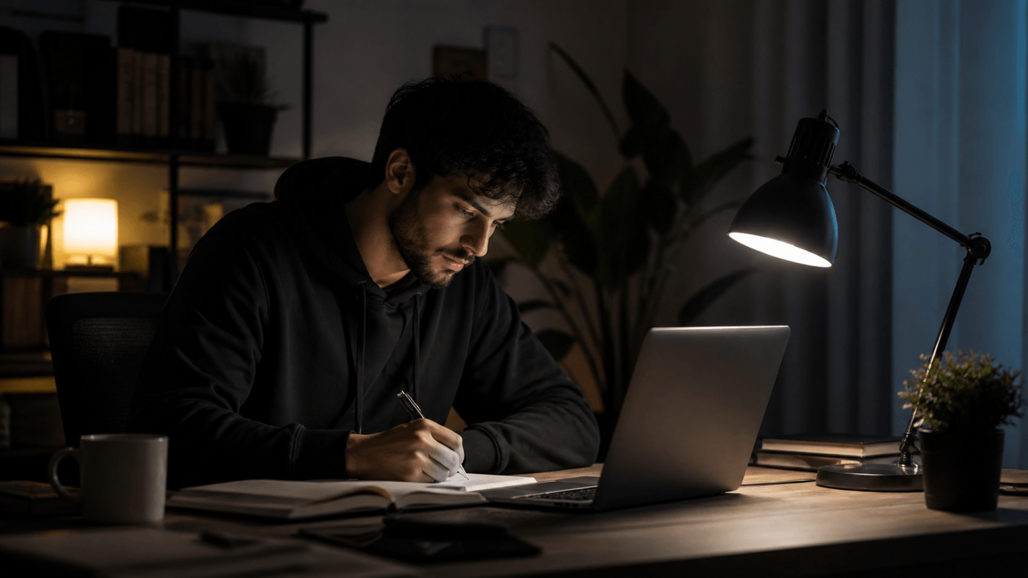 A person working late at a desk with a laptop under a lamp, focused and determined in a quiet environment