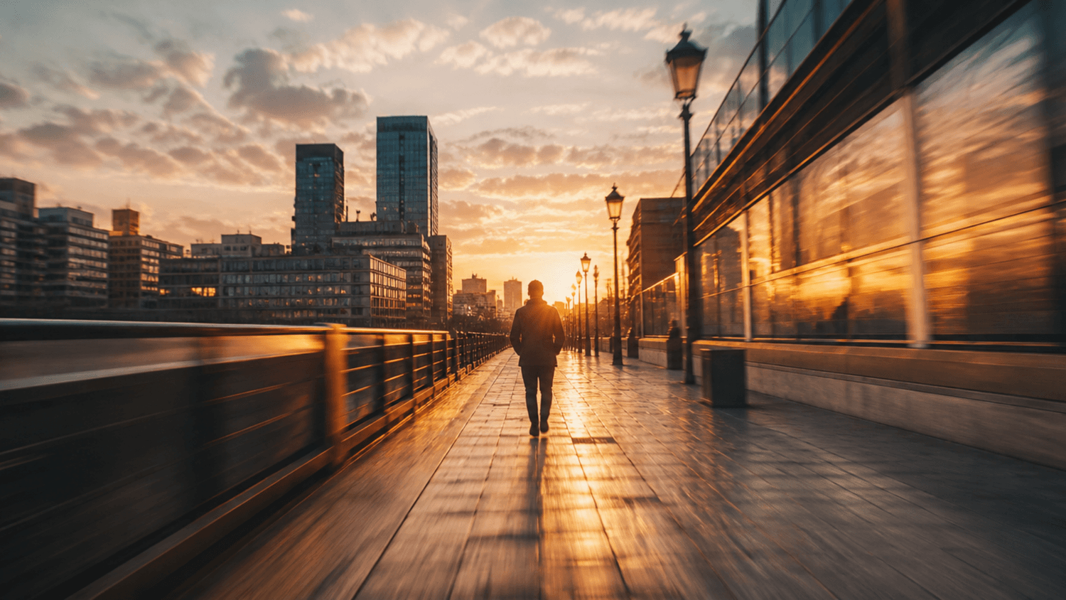 A person walking forward along a city path at sunrise with motion blur, symbolizing momentum and progress
