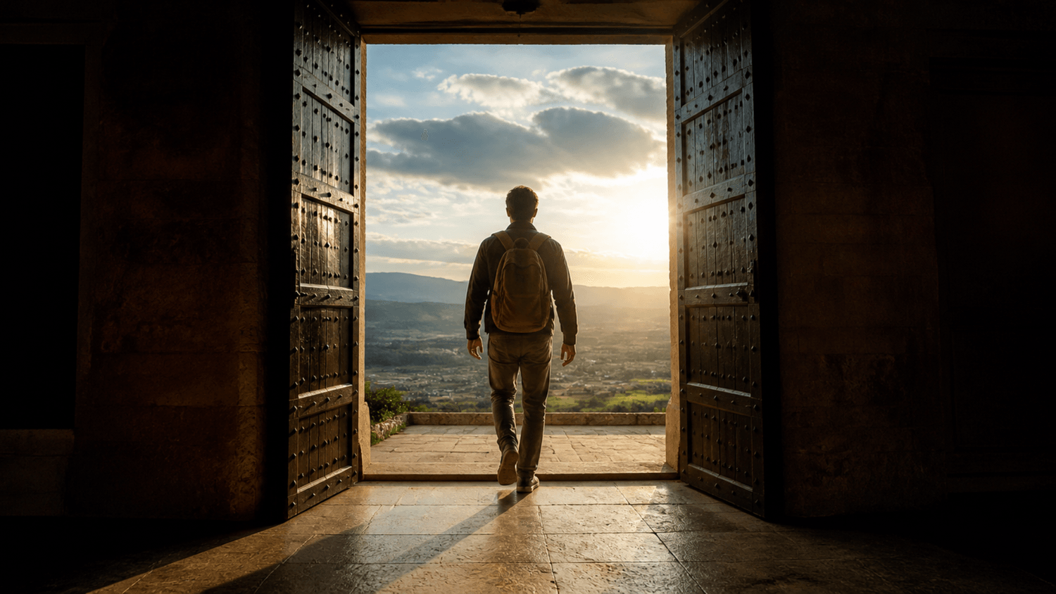 A person stepping through a doorway into bright natural light, representing transition, clarity, and a new beginning