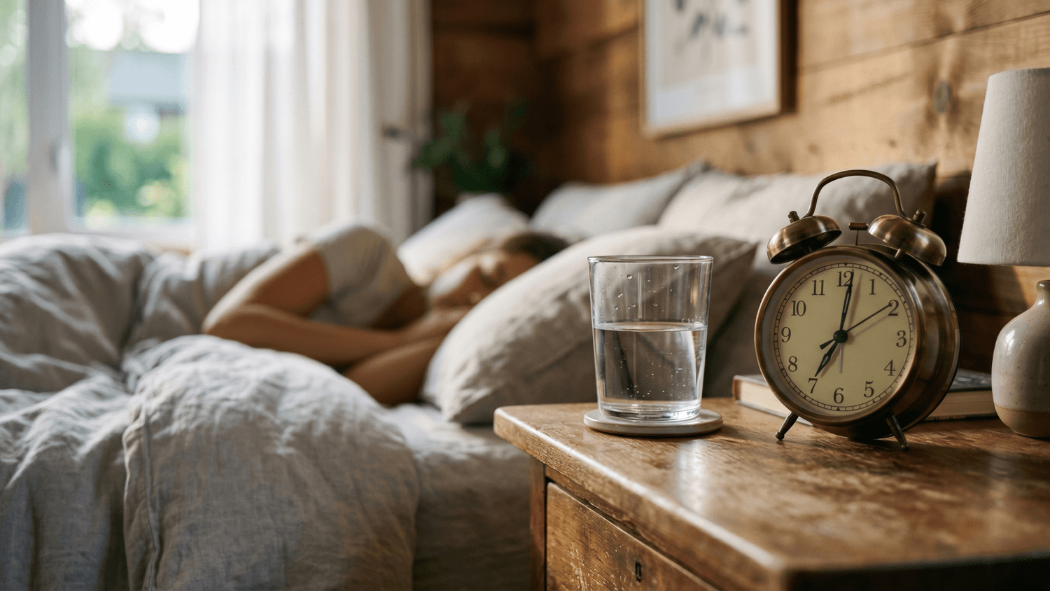 A glass of water next to an alarm clock on a bedside table with soft morning light and a peaceful bedroom setting