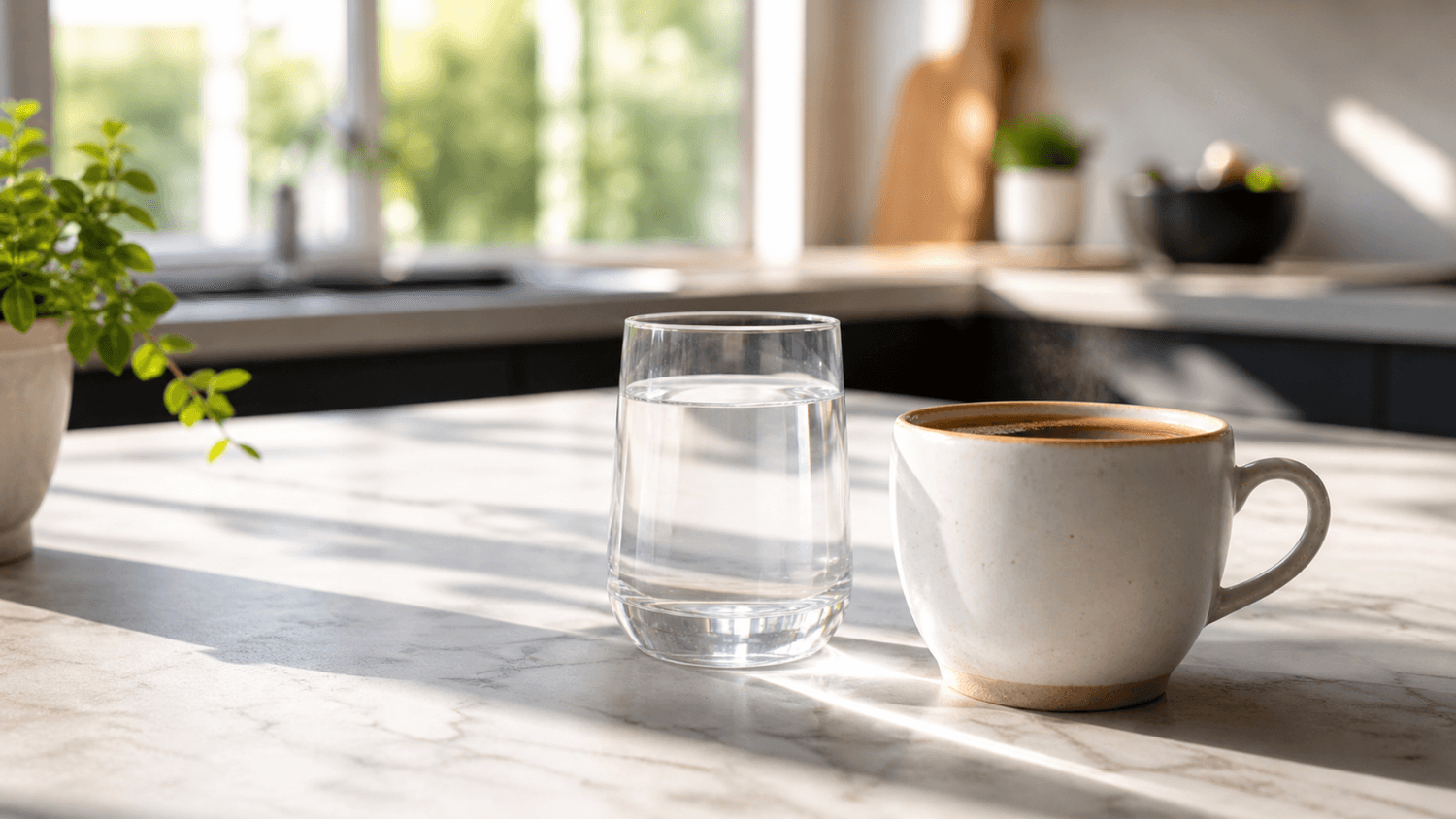 A glass of water and a cup of coffee sitting side by side on a kitchen counter in soft morning light