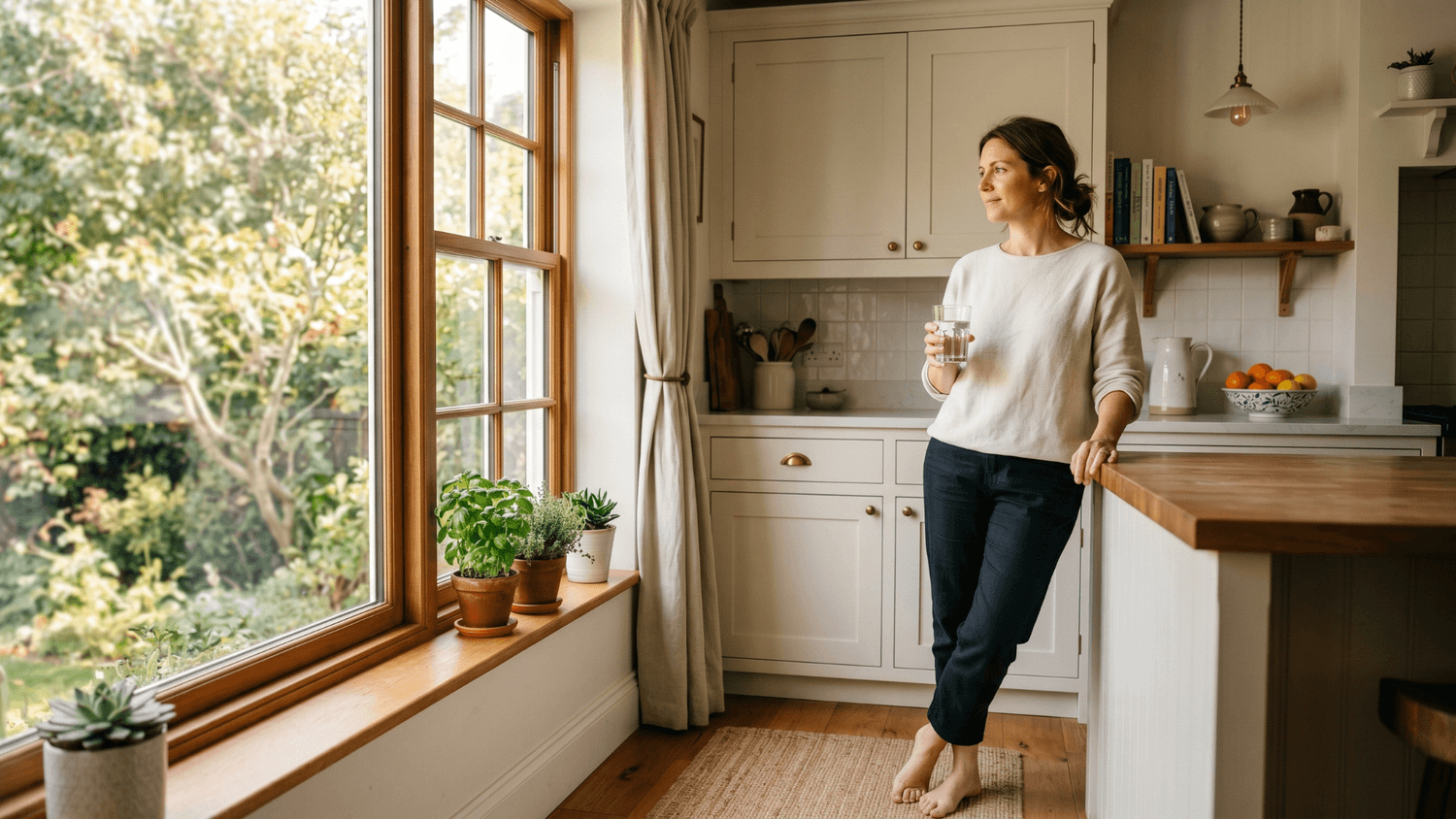A person standing by a kitchen window holding a glass of water in soft natural morning light