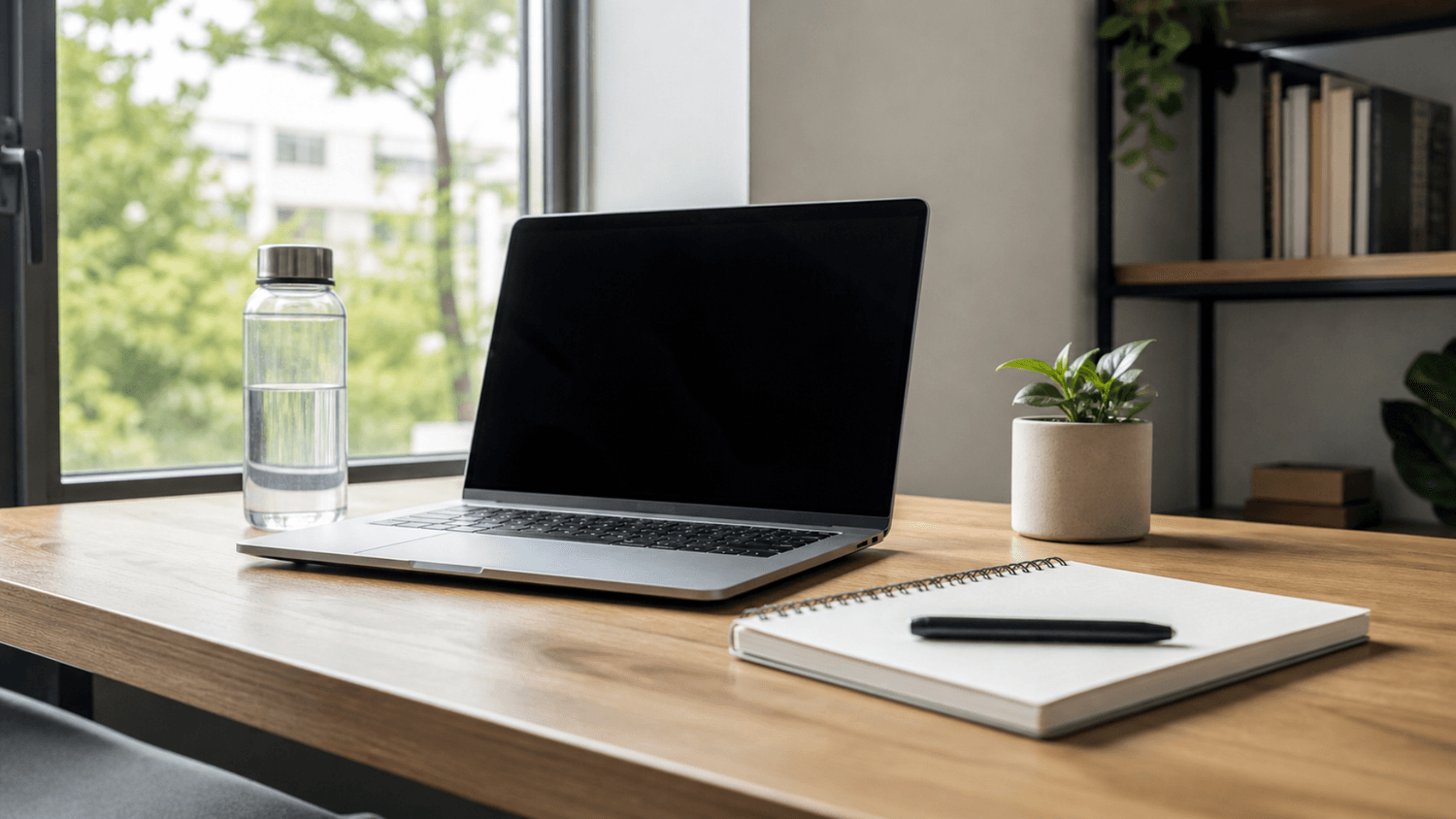 A clean workspace with a laptop, notebook, and a water bottle placed beside them in natural daylight