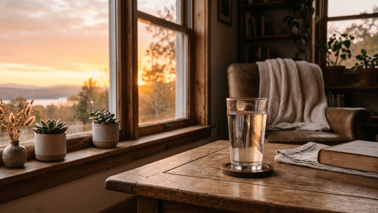 A glass of water on a wooden table near a window at sunset with warm golden light and a peaceful setting