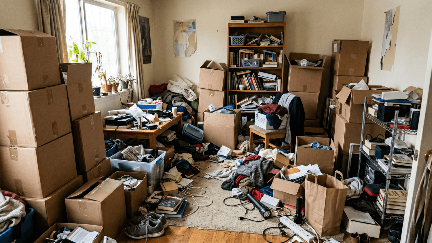 A cluttered room filled with boxes, scattered items, and disorganization, representing overwhelm and lack of control