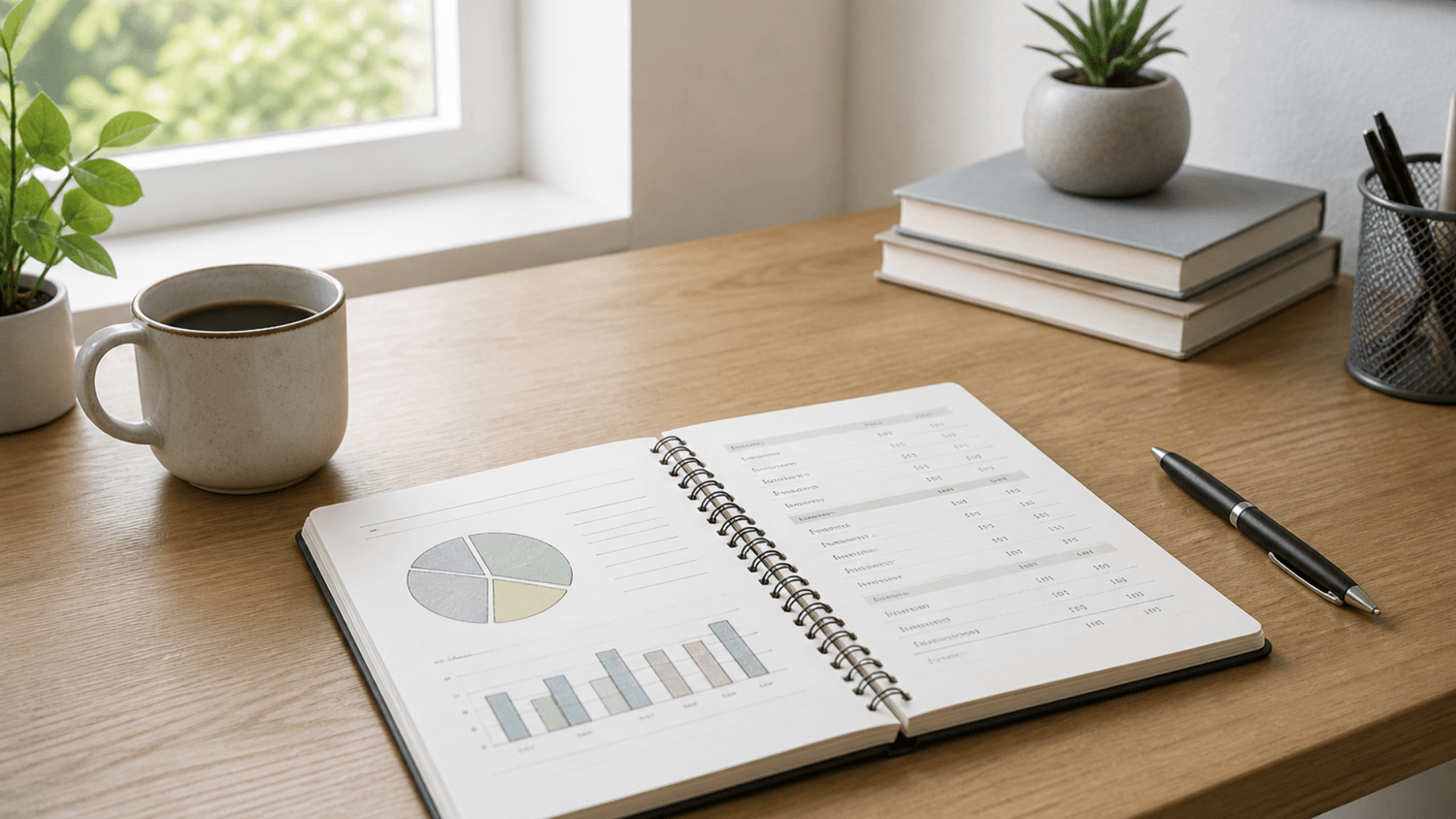 A clean desk with a notebook showing a simple budget plan and a pen, symbolizing organization and financial clarity