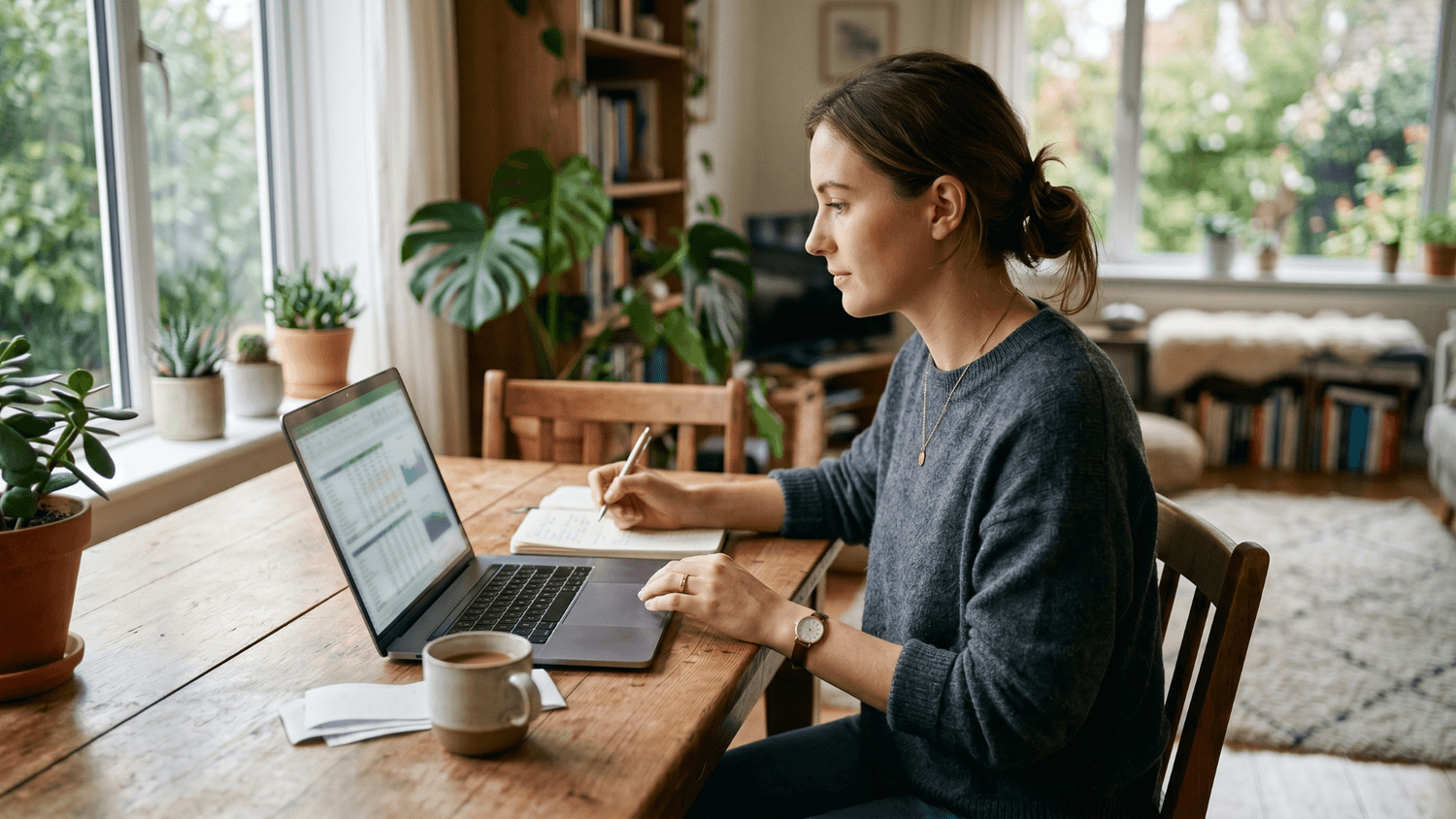 A person sitting at a table reviewing expenses on a laptop in a calm and focused home environment