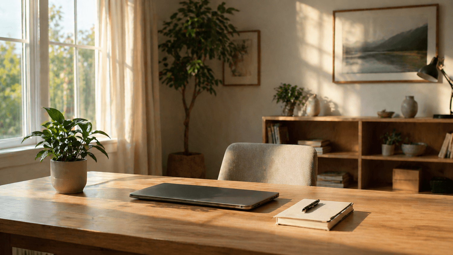 A peaceful home office with a closed laptop and sunlight filling the space, representing calm and control over time