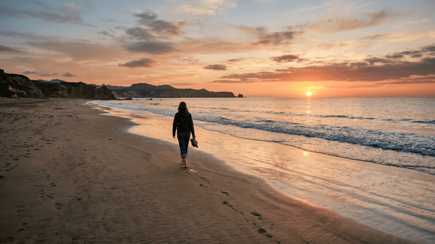 A person walking alone along a quiet beach at sunset, representing reflection, peace, and regained personal time