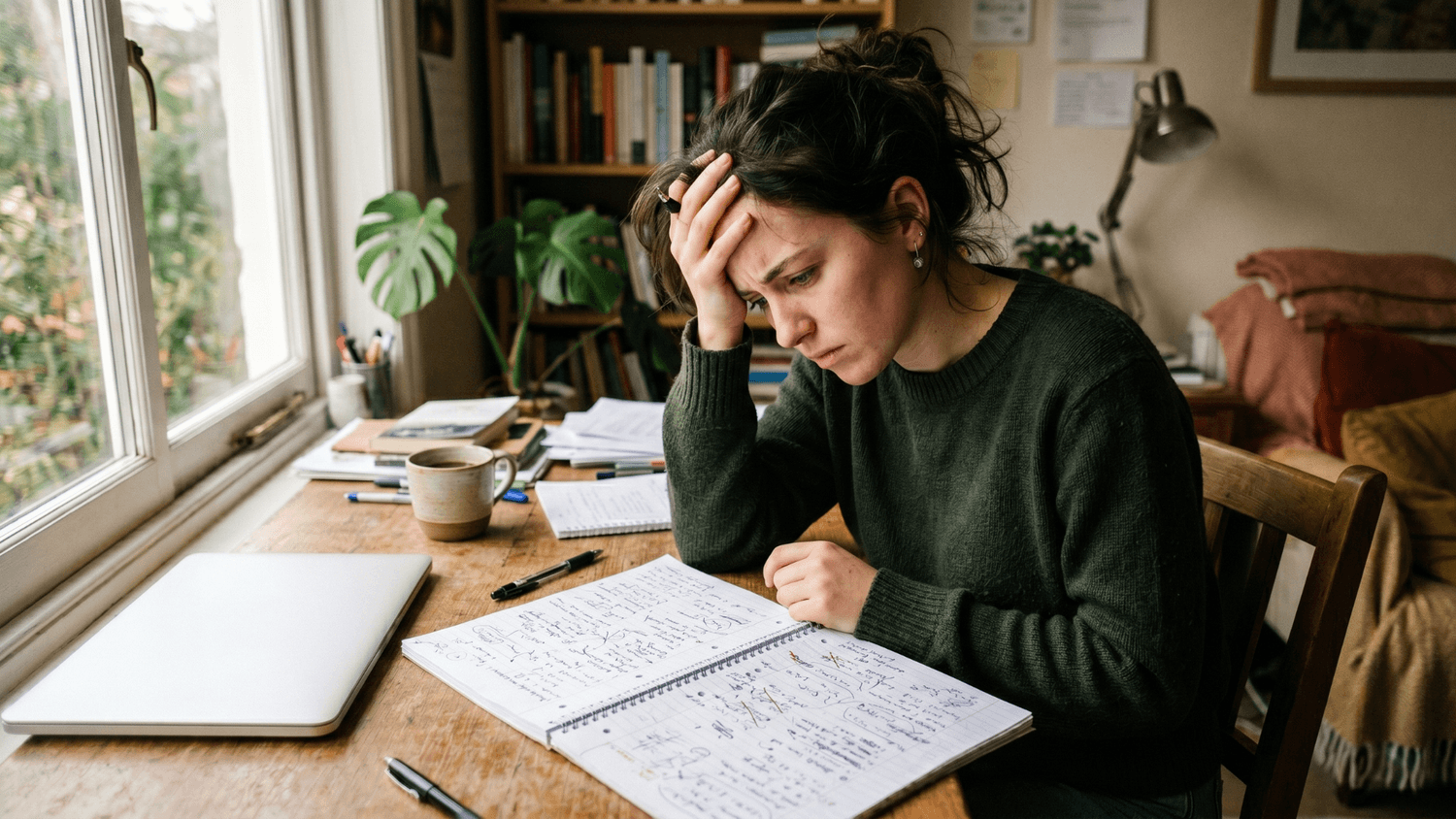Person sitting at a desk feeling frustrated while reviewing notes and mistakes in a notebook near a window