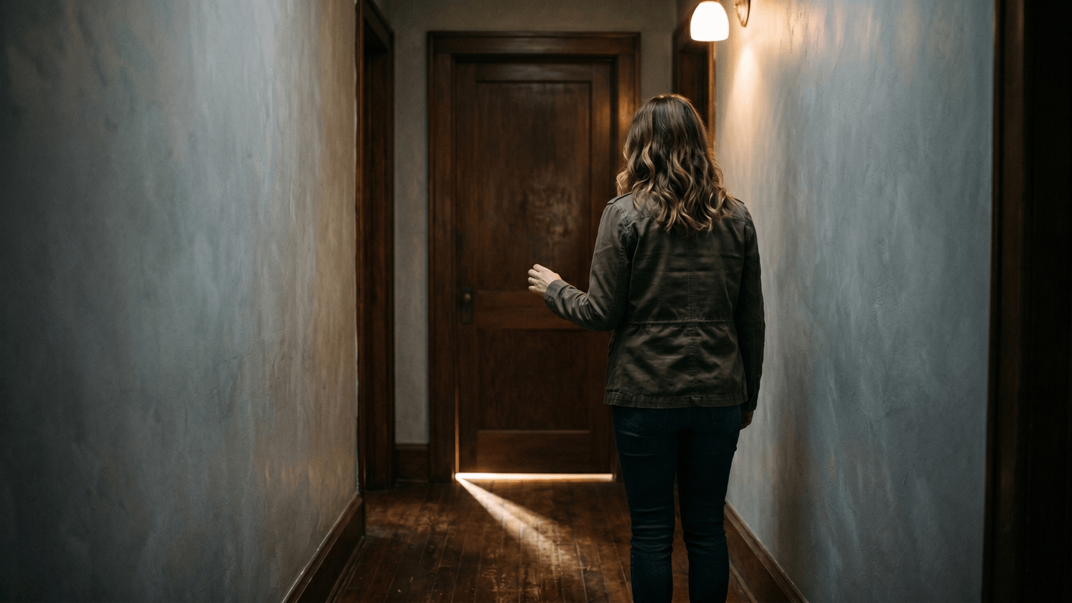 Person standing in a dim hallway facing a closed wooden door with light shining underneath