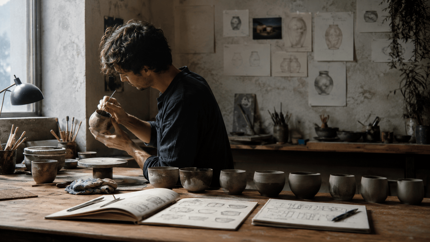 Person practicing pottery in a quiet creative workspace with sketches and tools showing gradual improvement over time