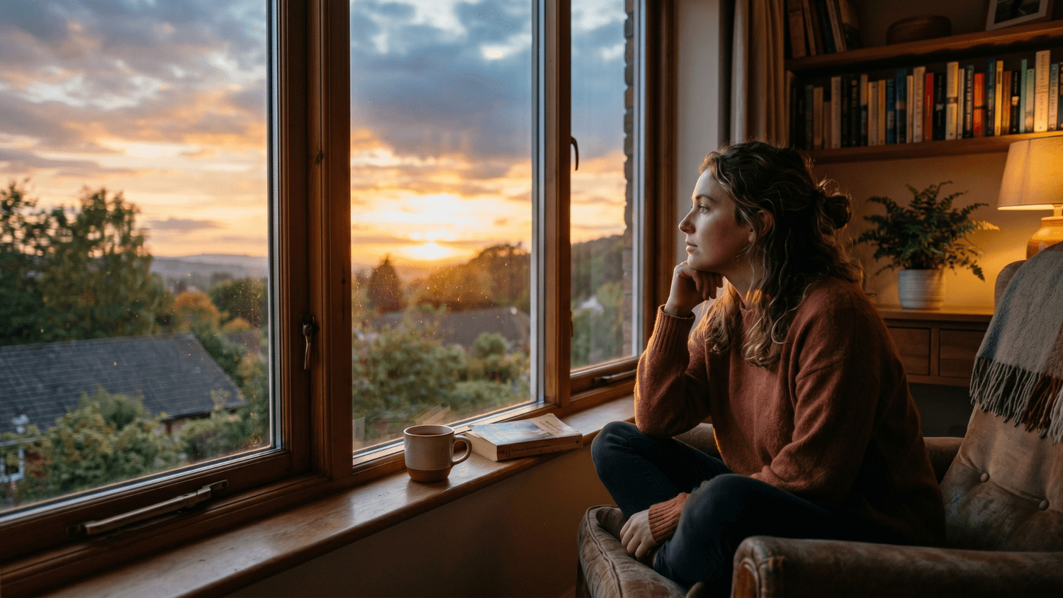 Person sitting quietly by a window during sunset in a calm home environment with a thoughtful expression