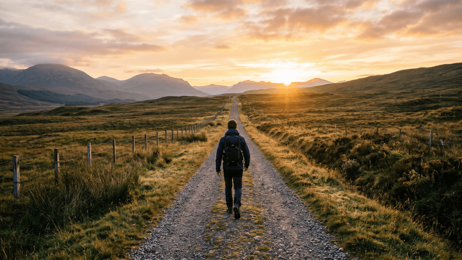 Person walking forward on a long open road at sunrise surrounded by mountains and warm golden light