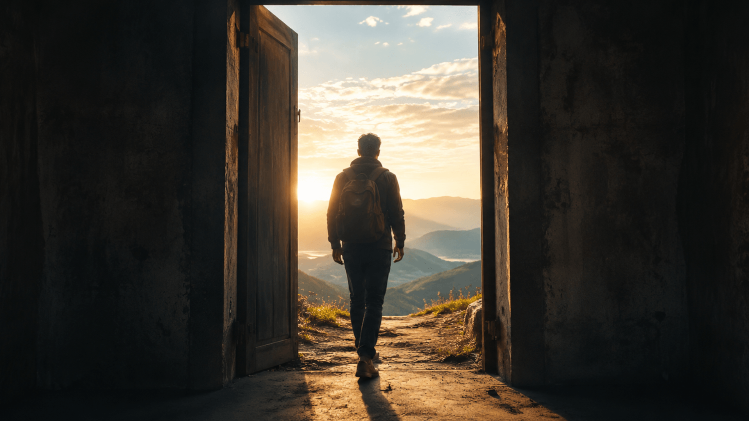 Person stepping through a doorway into bright natural light overlooking a scenic mountain landscape symbolizing growth and new possibilities