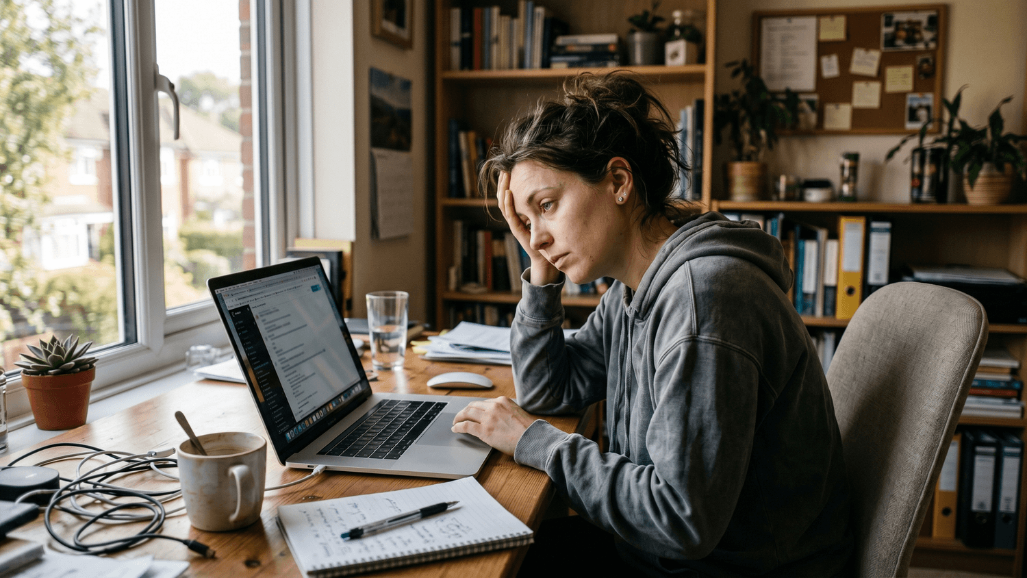 Person sitting at a desk looking tired and unfocused while working on a laptop in a home office