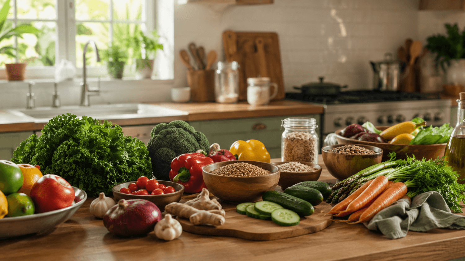 Fresh vegetables, fruits, and whole grains arranged naturally on a kitchen counter in soft daylight