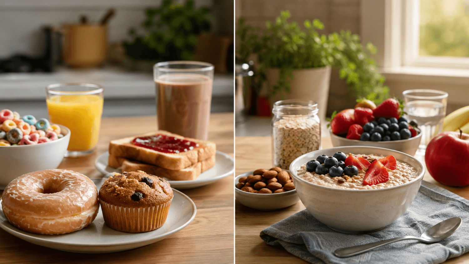 Side-by-side comparison of a sugary breakfast and a balanced oatmeal and fruit breakfast in a kitchen setting