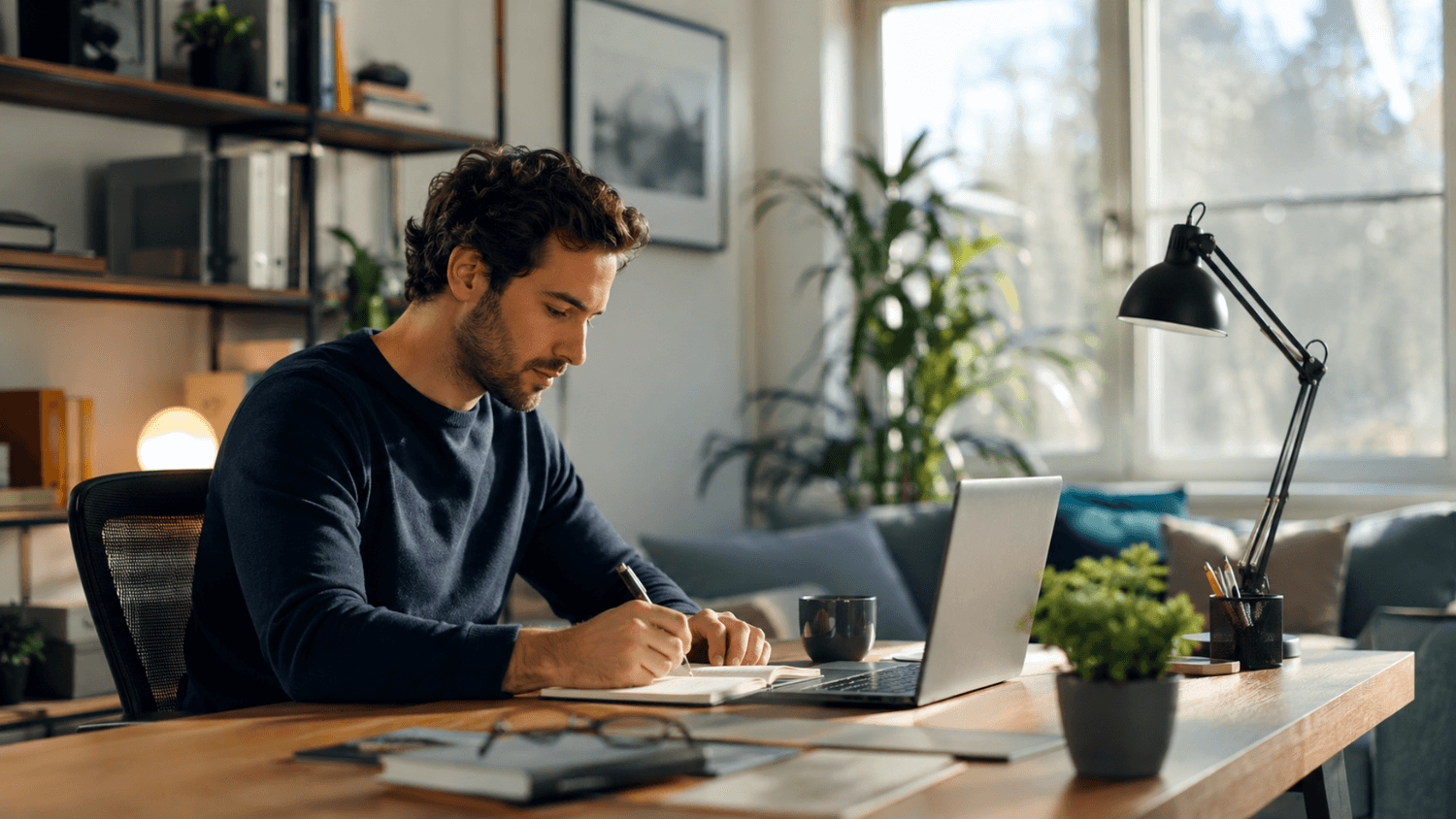 Person working calmly and focused at a clean desk with natural daylight in a modern home environment