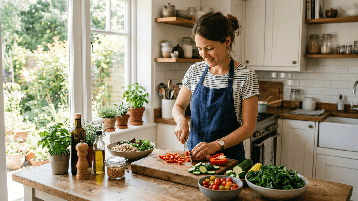 Person preparing a healthy meal by chopping fresh vegetables in a clean kitchen filled with natural light
