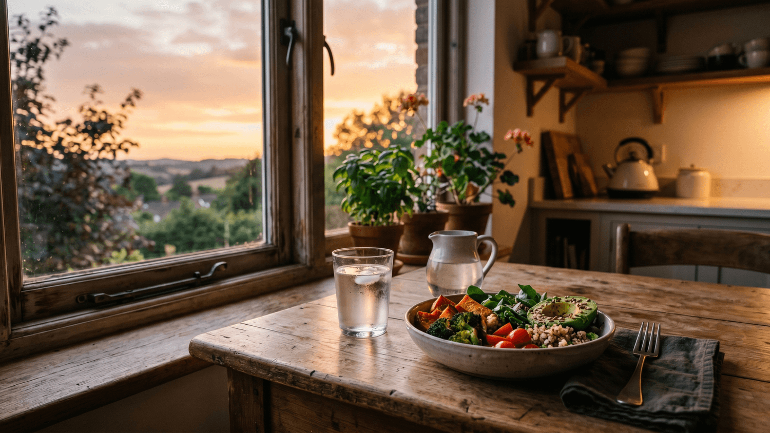 Peaceful kitchen scene with a healthy meal and a glass of water on a wooden table during sunset lighting