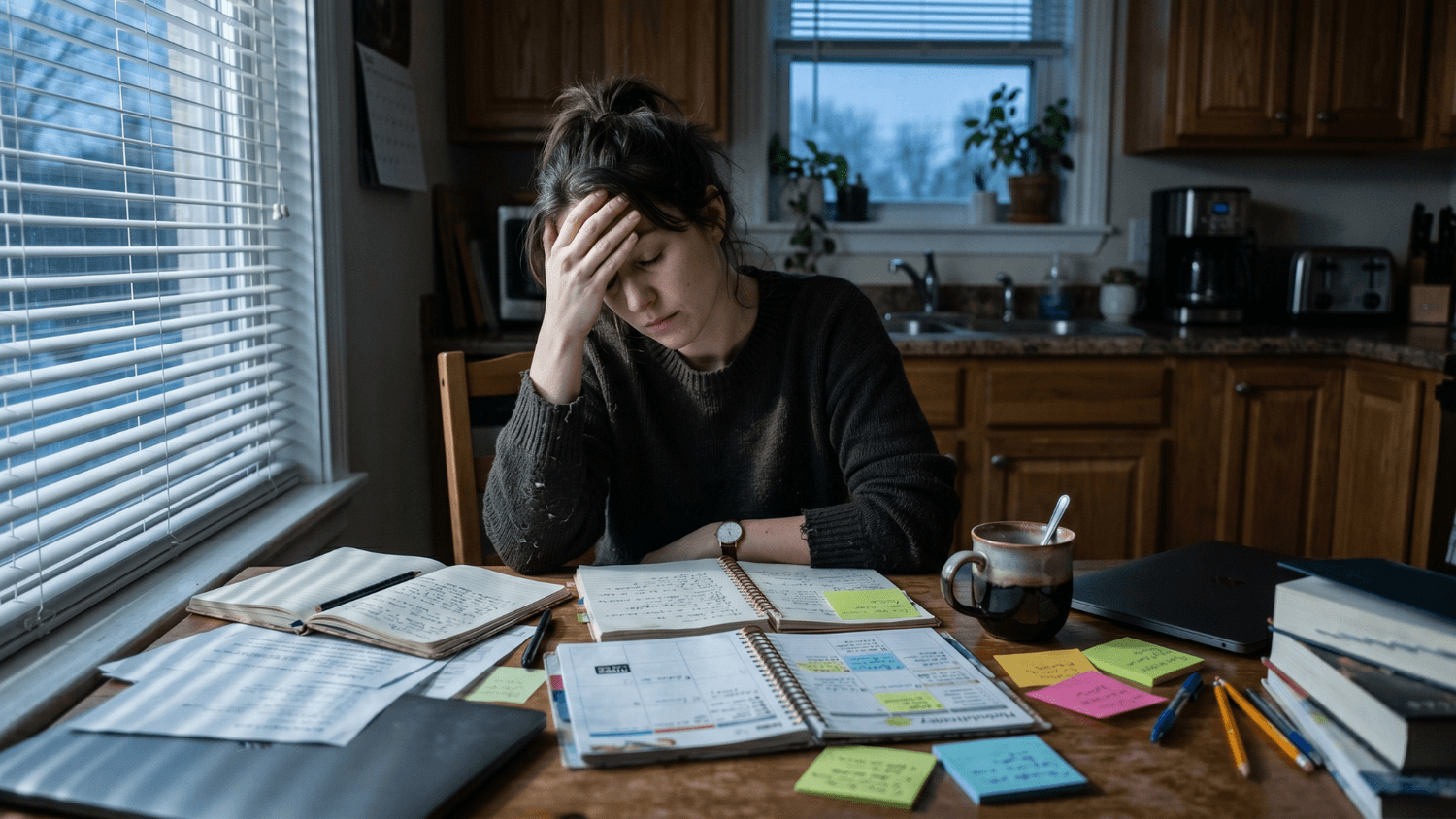 A tired person sitting at a kitchen table covered with planners, journals, sticky notes, and coffee while rubbing their forehead in exhaustion during early morning light.