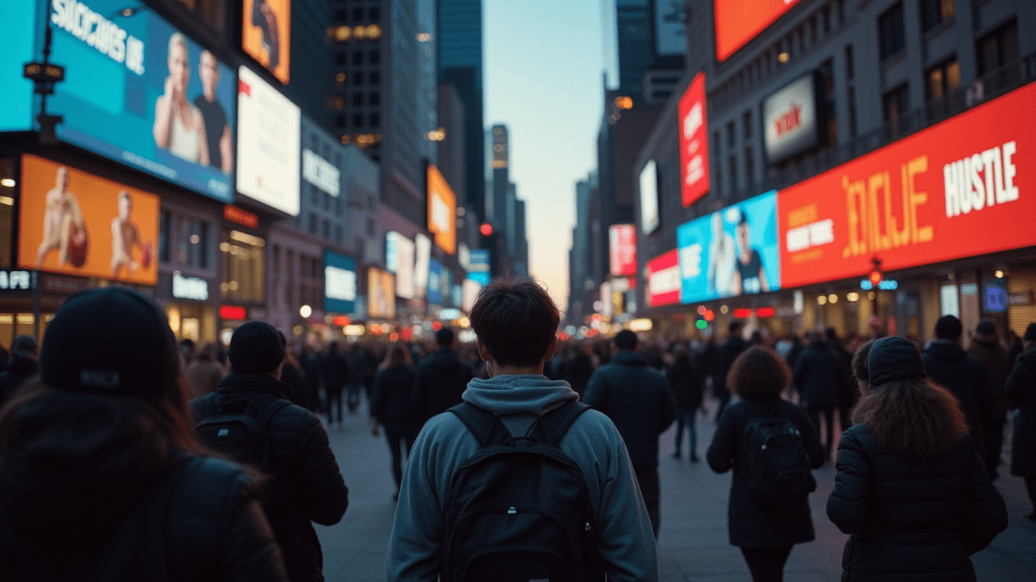 A person walking quietly through a crowded city street filled with glowing advertisements about hustle, success, and achievement while appearing emotionally overwhelmed.