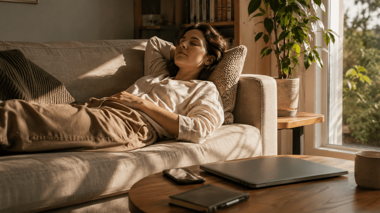 A peaceful living room scene with a person resting calmly on a couch beside an untouched laptop and closed planner while warm sunlight fills the room.