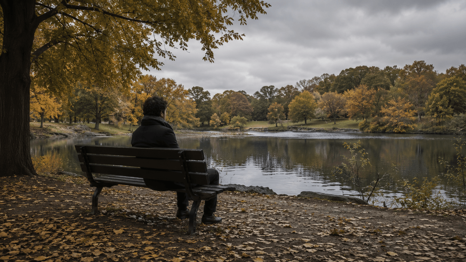 A person sitting quietly on a park bench beside a calm lake during an overcast autumn afternoon surrounded by trees and fallen leaves.