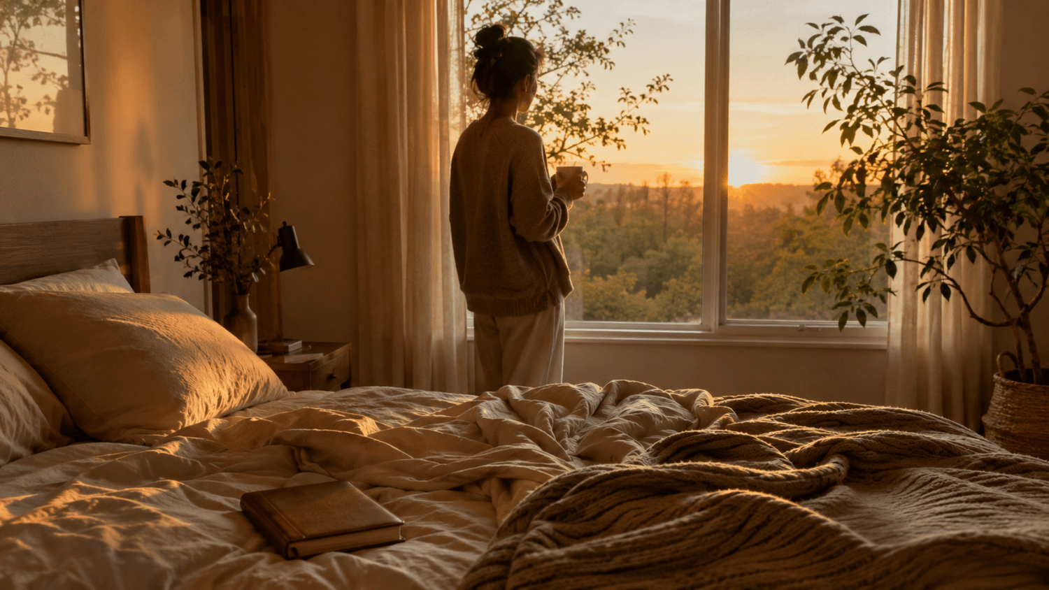 A peaceful bedroom at sunrise with a person standing near the window holding a warm drink while soft golden light illuminates the room and unmade bed.