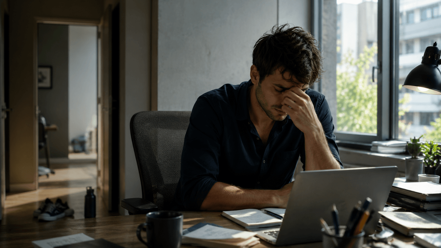 Mentally drained person sitting at a desk during midday with walking shoes and a water bottle nearby suggesting the need for movement and a reset.